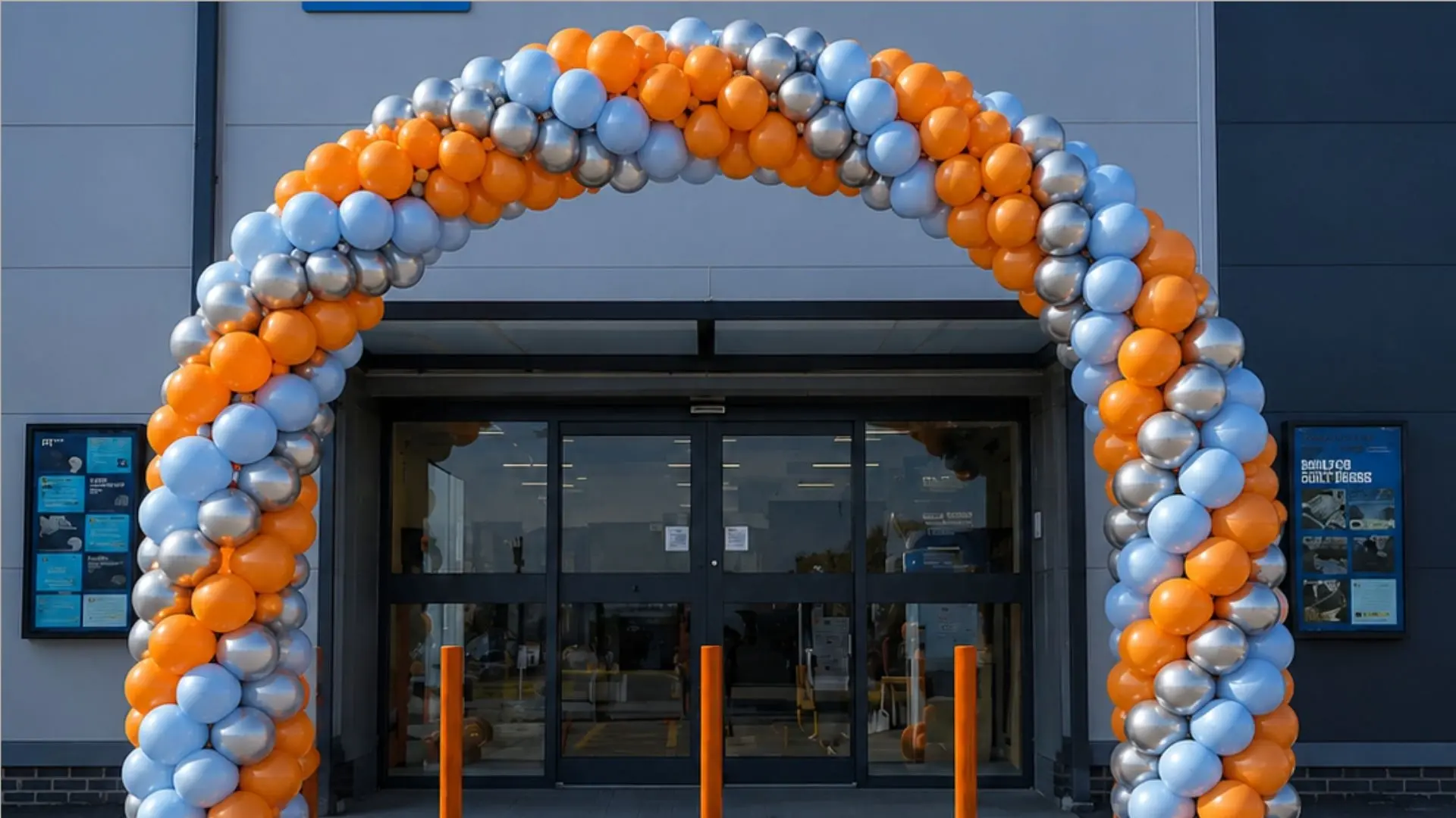 Blue and orange classic balloon arch installed at a London venue entrance