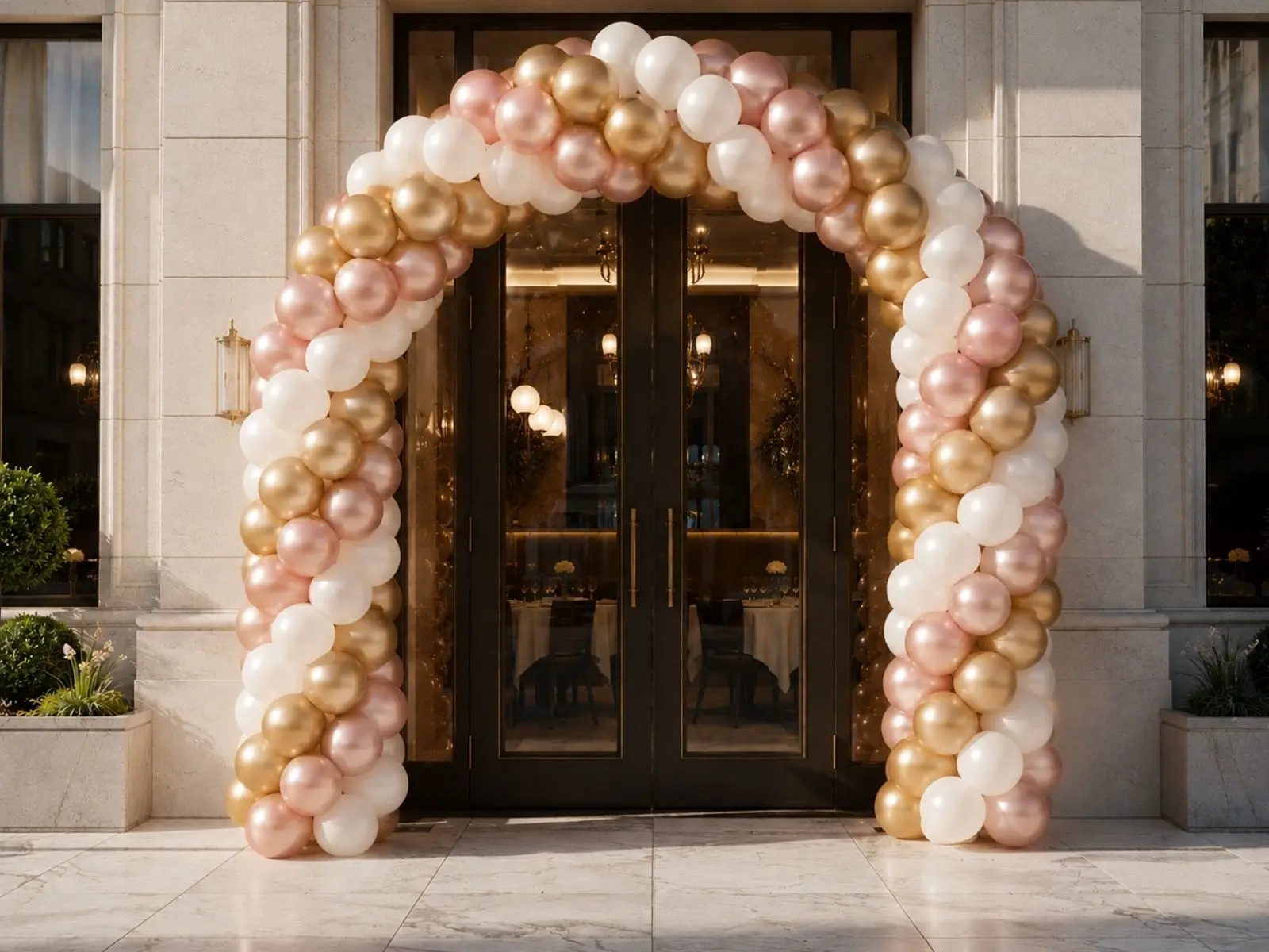 Rose gold and ivory classic balloon arch framing a London venue entrance